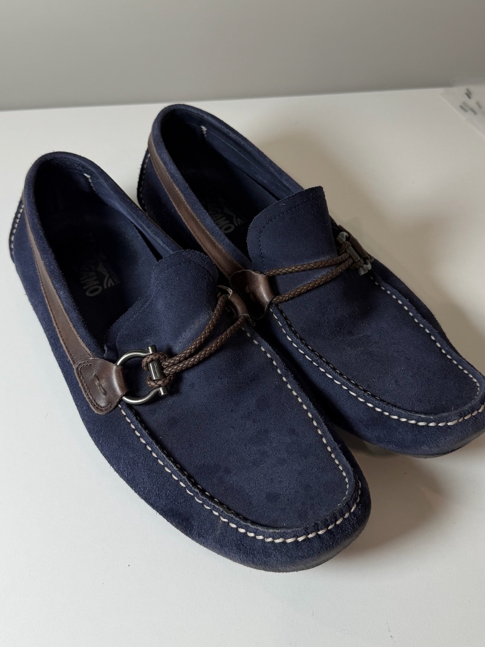 Salvatore Ferragamo 11.5 D Navy Suede Slip-On Loafers Drivers with Brown Trim